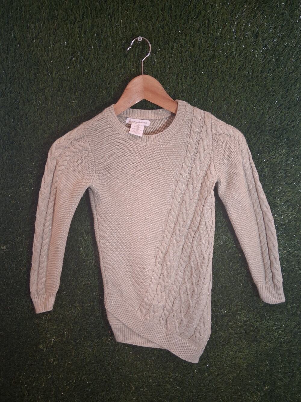 Tommy Bahama Girls Oatmeal Cable Knit Sweater Sparkle Asymmetrical Hem Size S...